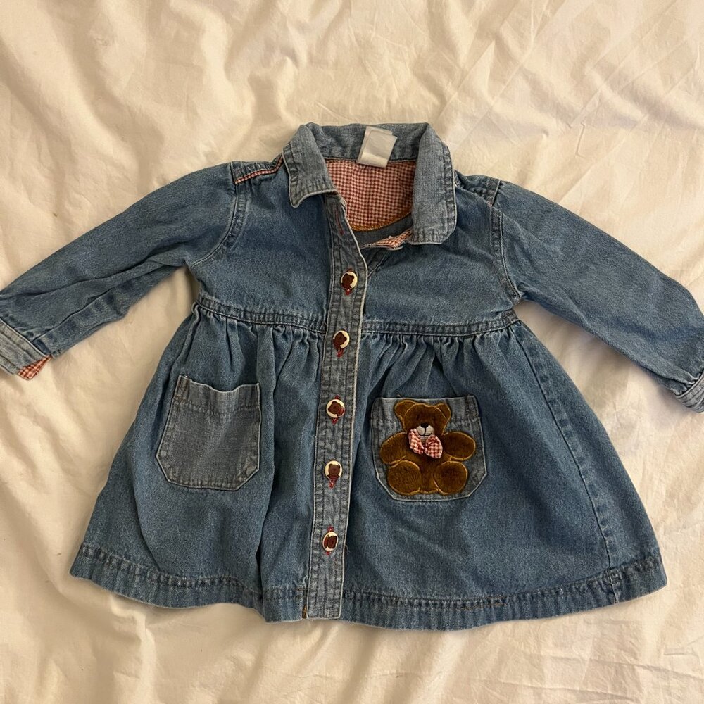 Girls Vintage Denim Dress with Teddy Bear applique, teddy bear buttons 24 months